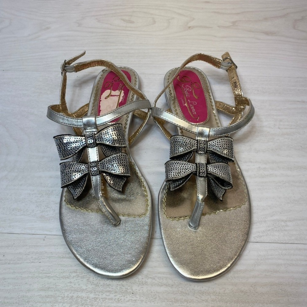 Poetic Licence Womens 8.5 M Sandals Bloomingbird Flat Silver Metallic Sequin Bow